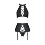 Комплект з еко-шкіри з імітацією шнурівки Passion NANCY SET L/XL black топ, трусики, пояс для панчіх - Зображення 3