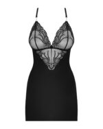 (SALE) Сатиновий комплект для сну з мереживом Obsessive 828-CHE-1 chemise & thong L/XL, чорний, сорочка - Зображення 5