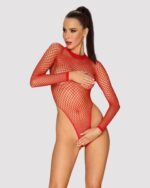 (SALE) Сітчастий бодістокінг із довгим рукавом Obsessive B126 teddy red XL/XXL, червоний