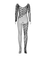 (SALE) Бодістокінг Obsessive Bodystocking F210 S/M/L black, рукава-мітенки, сітка, кольорове мереживо