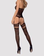(SALE) Бодістокінг Obsessive Bodystocking F214 black S/M/L, імітація корсета та панчіх на підв’язках - Зображення 6