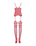 (SALE) Бодістокінг Obsessive Bodystocking F214 red S/M/L, імітація корсета та панчіх на підв’язках - Зображення 6