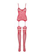 (SALE) Бодістокінг Obsessive Bodystocking F214 red S/M/L, імітація корсета та панчіх на підв’язках - Зображення 5