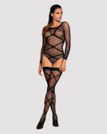 (SALE) Бодістокінг Obsessive Bodystocking G320 S/M/L, панчохи, боді, декор у вигляді ліній - Зображення 3