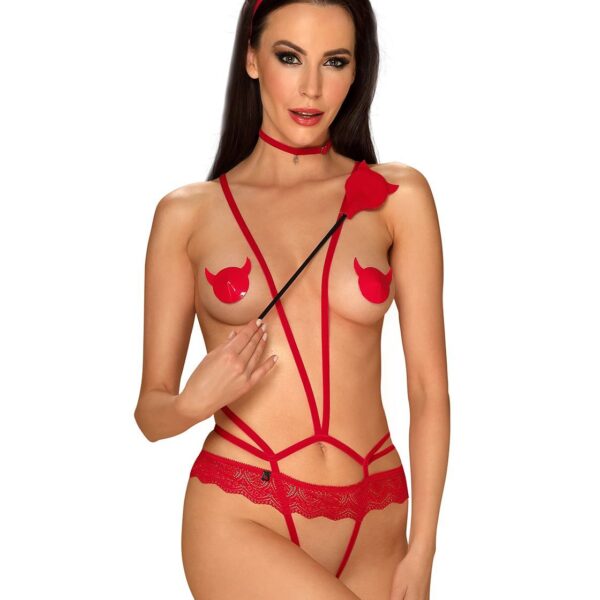 (SALE) Еротичний костюм чортика зі стреп Obsessive Evilia teddy red L/XL, боді, чокер, накладки на соски, о