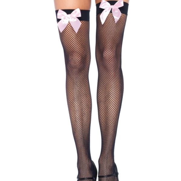 Панчохи-сітка з атласним бантиком Leg Avenue Fishnet Thigh Highs One size, Black With Bow Pink