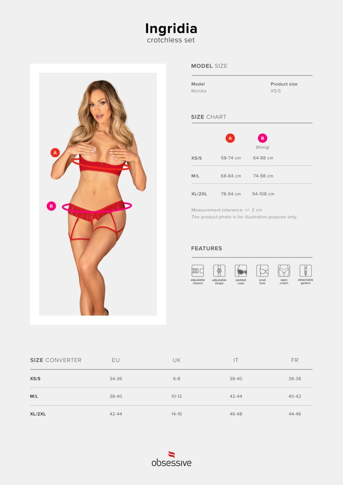 Комплект Obsessive Ingridia 2-pcs crotchless set XL/2XL, червоний, з доступом, відкриті груди - Зображення 5