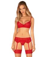 Комплект Obsessive Ingridia 3-pcs set XL/2XL, червоний, бюстгальтер, стрінги, пояс