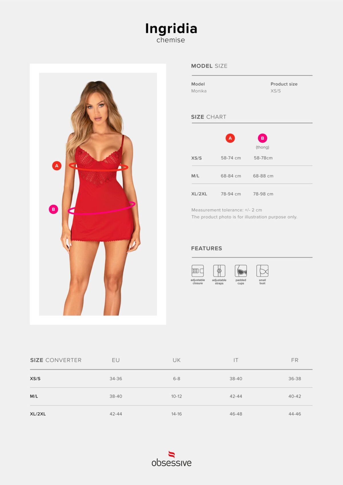 Пеньюар Obsessive Ingridia chemise & thong M/L, червоний, сорочка, стрінги - Зображення 5