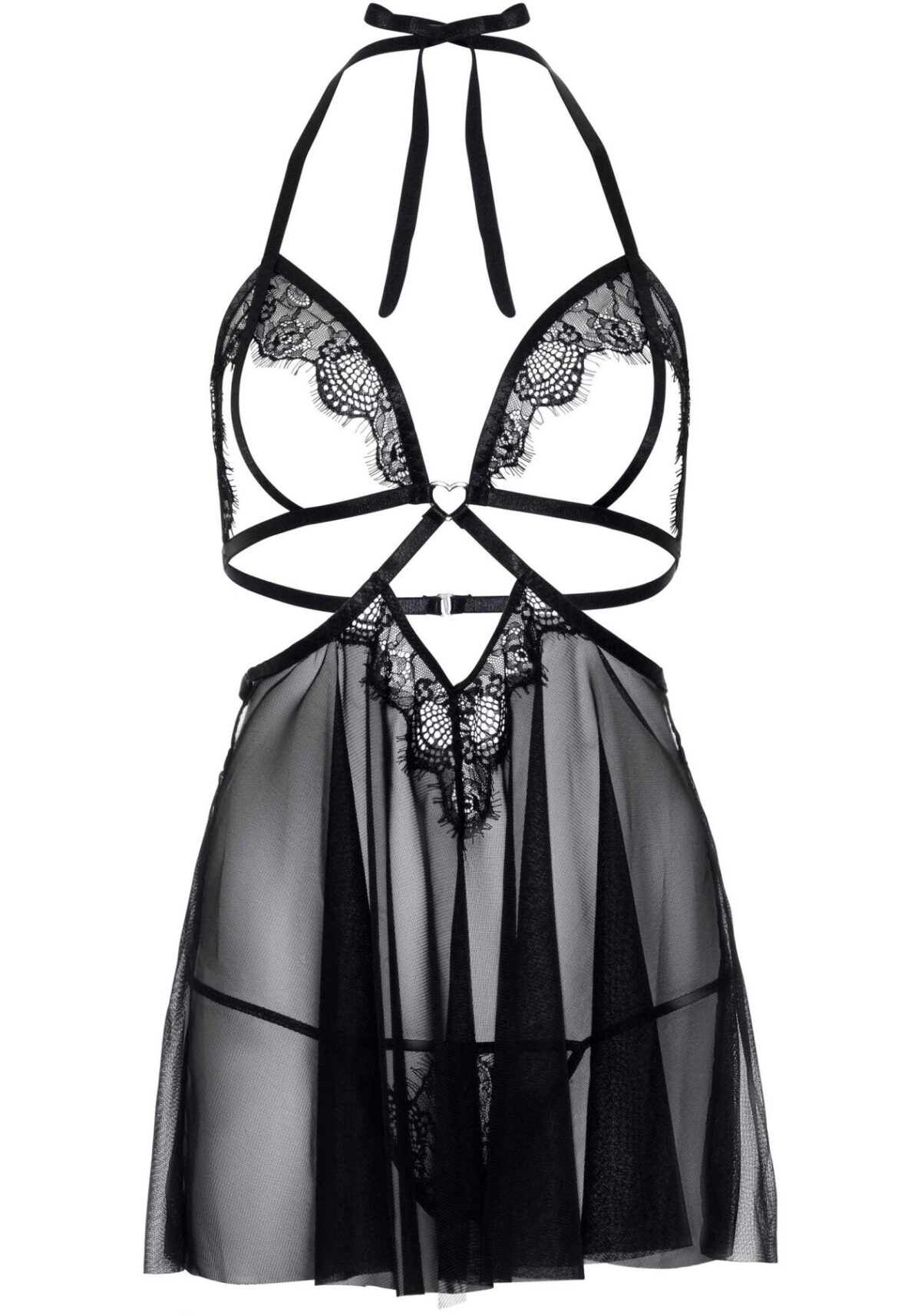 Сорочка бебі-дол з відкритими чашками Leg Avenue Lace and mesh babydoll & panty Black S, стрінги - Зображення 3