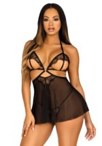 Сорочка бебі-дол з відкритими чашками Leg Avenue Lace and mesh babydoll & panty Black M, стрінги - Зображення 7