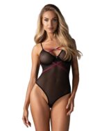 Боді Obsessive Novenes teddy, XL/2XL, прозоре, чашки на кісточках, декор у вигляді стрічок