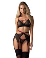 Комплект Obsessive Novenes 3-pcs set, XS/S, прозорий ліф на кісточках, стрінги, пояс