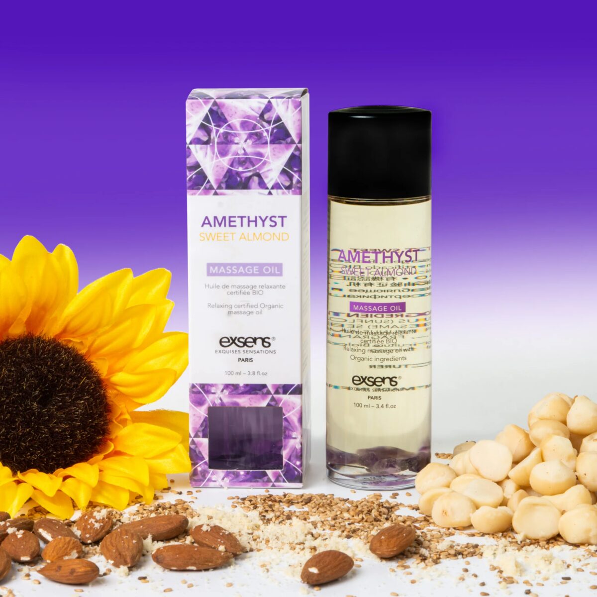 Масажна олія EXSENS Amethyst Sweet Almond (розслаблювальна, з аметистом) 100мл, натуральна - Зображення 5