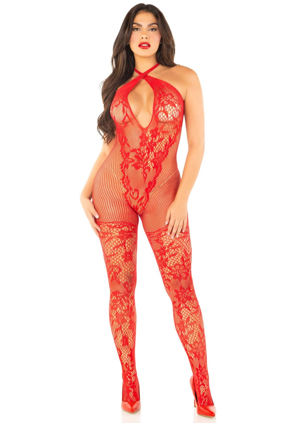 Бодістокінг Leg Avenue Seamless Net and Lace Lingerie Jumpsuit One Size, Red - Зображення 2