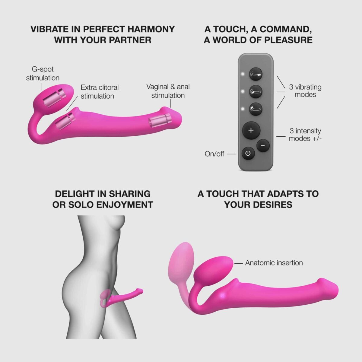 Безремінний страпон з вібрацією Strap-On-Me Vibrating Fuchsia M, діаметр 3,8 см, пульт ДК, регульований - Зображення 3