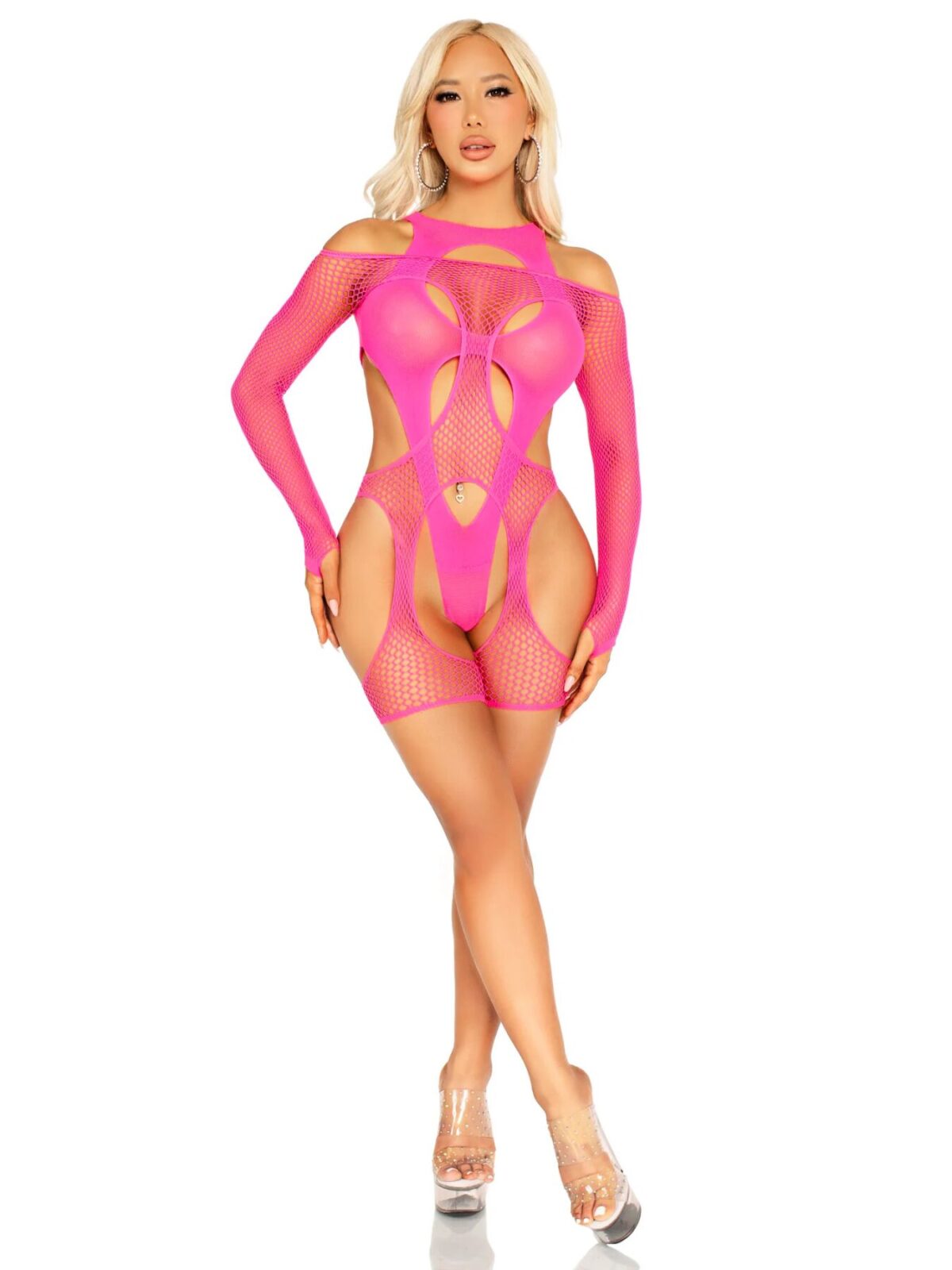 Бодістокінг Leg Avenue Fishnet Garter Harness and Teddy One Size Neon Pink - Зображення 5