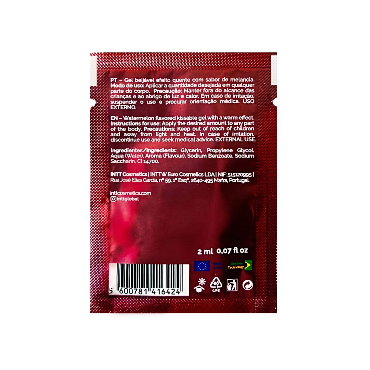 Пробник гелю для оральних пестощів з зігрівальним ефектом INTT Lick Me Kissable Gel Watermelon 2 мл - Зображення 2
